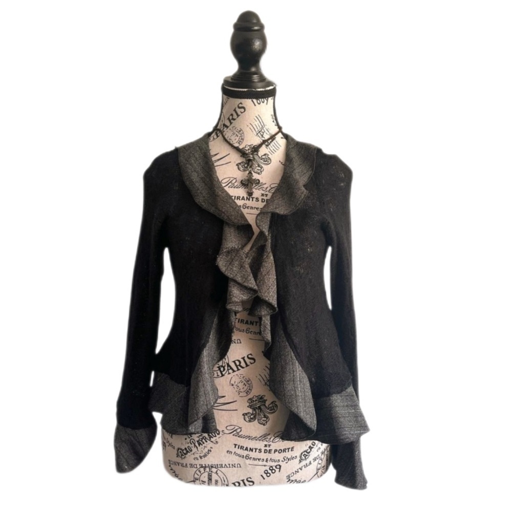 Y2K Le Grenier Black Ruffle Cardigan Wool Romantic Goth witchy fairy Medium
